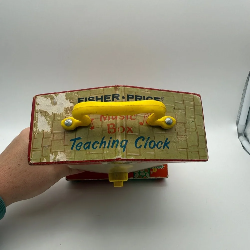 Vintage 1968 Fisher Price 998 Music Box Teaching Clock Kids Red Wood Toy TESTED